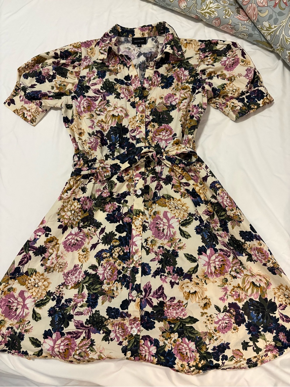 Who What Wear Cream Floral Midi Dress with Pink & Navy Blooms